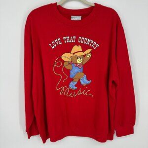 Vintage Love That Country Music Sweatshirt Top 2X Cowboy Bear Pullover Red Blue
